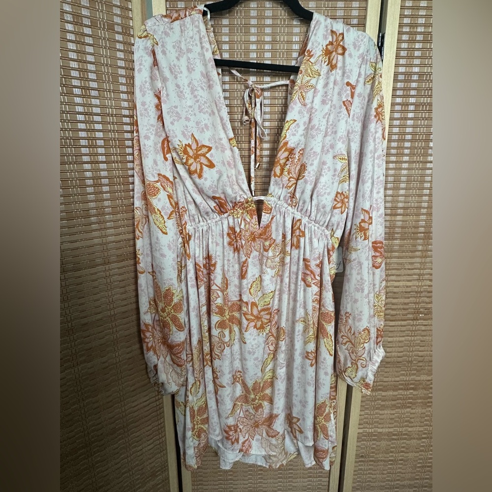 Free People Orange and Cream Tie Front Mini Dress